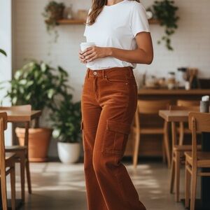Tinseltown Rust Corduroy Wide Leg Cargo Pants